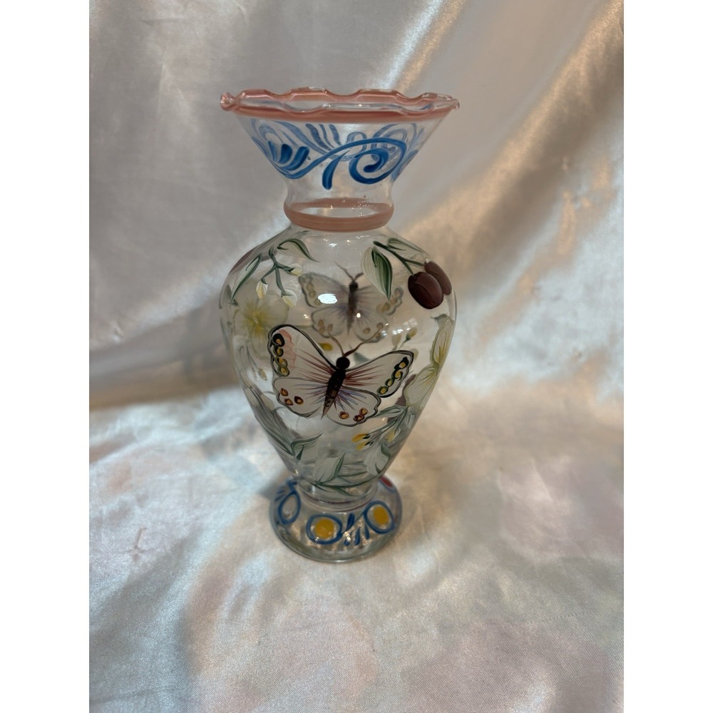 Vintage Tracy Porter Hand Painted Glass Floral Butterfly Bud Vase Ruffled edge